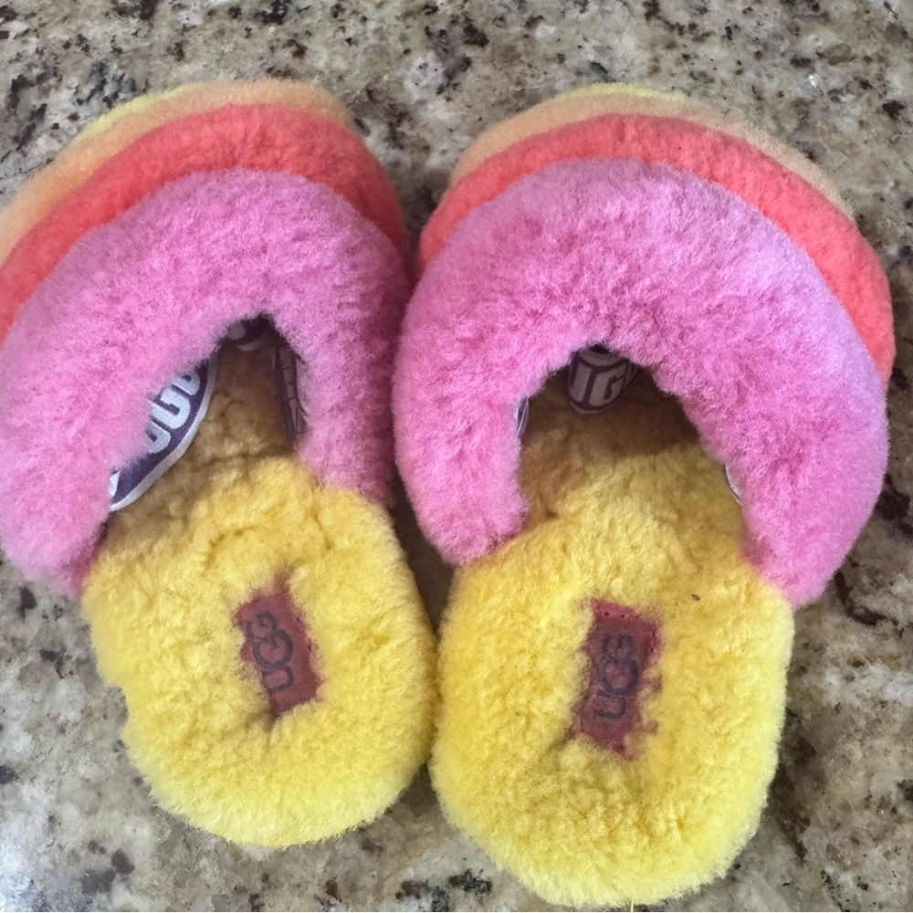 UGG Kids Multicolor Fuzzy Slide Slippers - Pink, Orange, Yellow - Picture 3 of 5